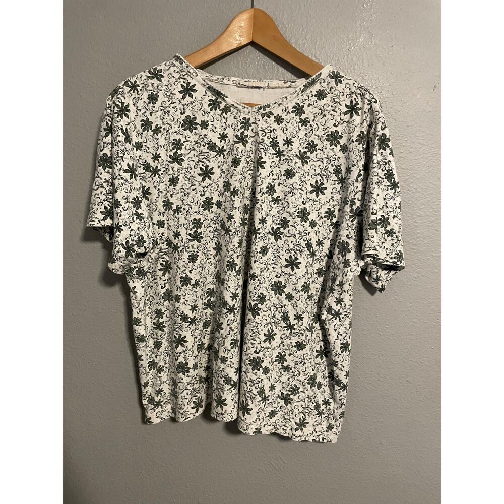 Vintage Floral Top Womens 2X White Green Scoop Neck Short Sleeve Cottagecore